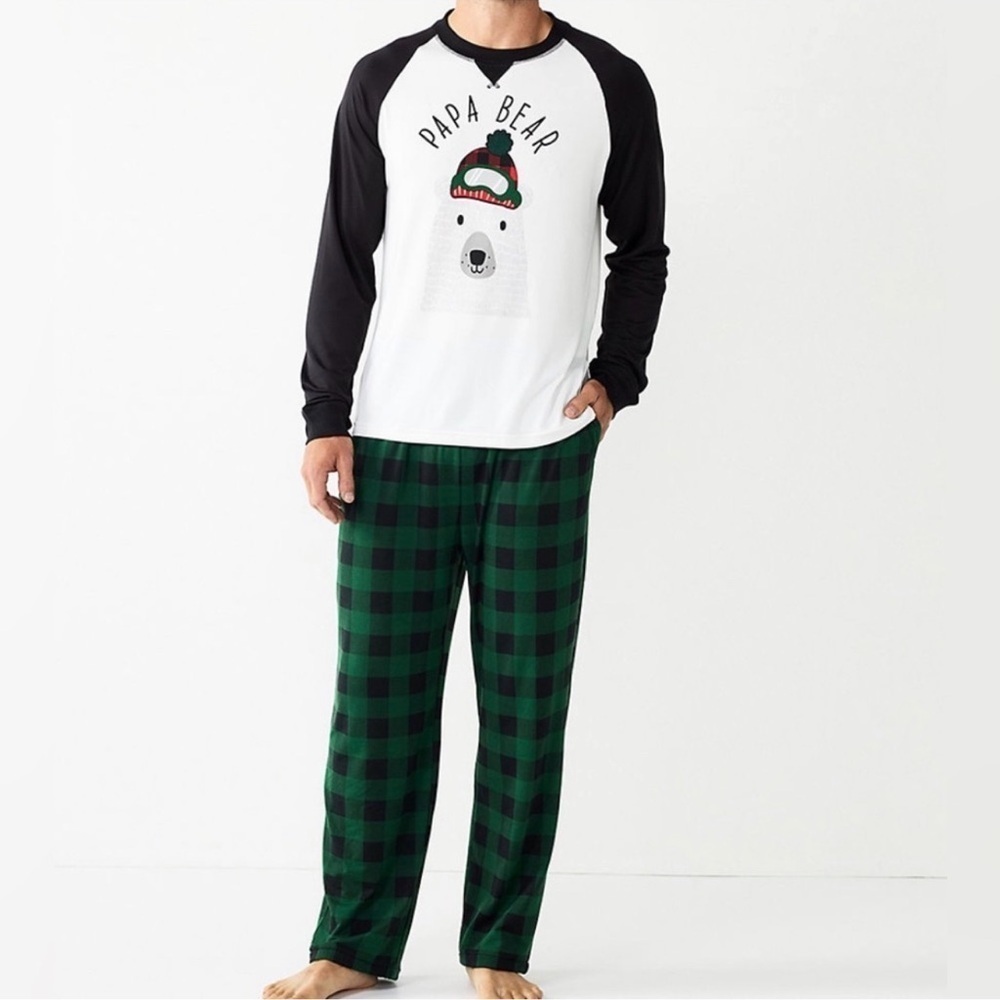 Cuddl Dud Papa Bear 2 piece long sleeve shirt and green and black plaid pants